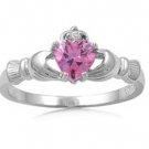925 Sterling Silver Claddagh Ring CZ Heart Crown Pink Topaz Size 12 New r05