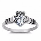 .925 Sterling Silver Claddagh Ring Size 8 CZ Heart Cut Crown Clear Irish New v34