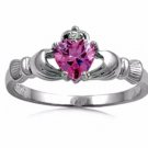 .925 Sterling Silver Claddagh Ring CZ Heart Crown Pink Topaz Size 12 New r05