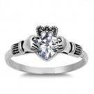 925 Sterling Silver Claddagh Ring CZ Heart Cut Crown Clear Irish Size 7 New v34