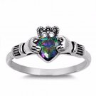 .925 Sterling Silver Claddagh Ring Size 7 CZ Heart Rainbow Mystic Topaz New v27
