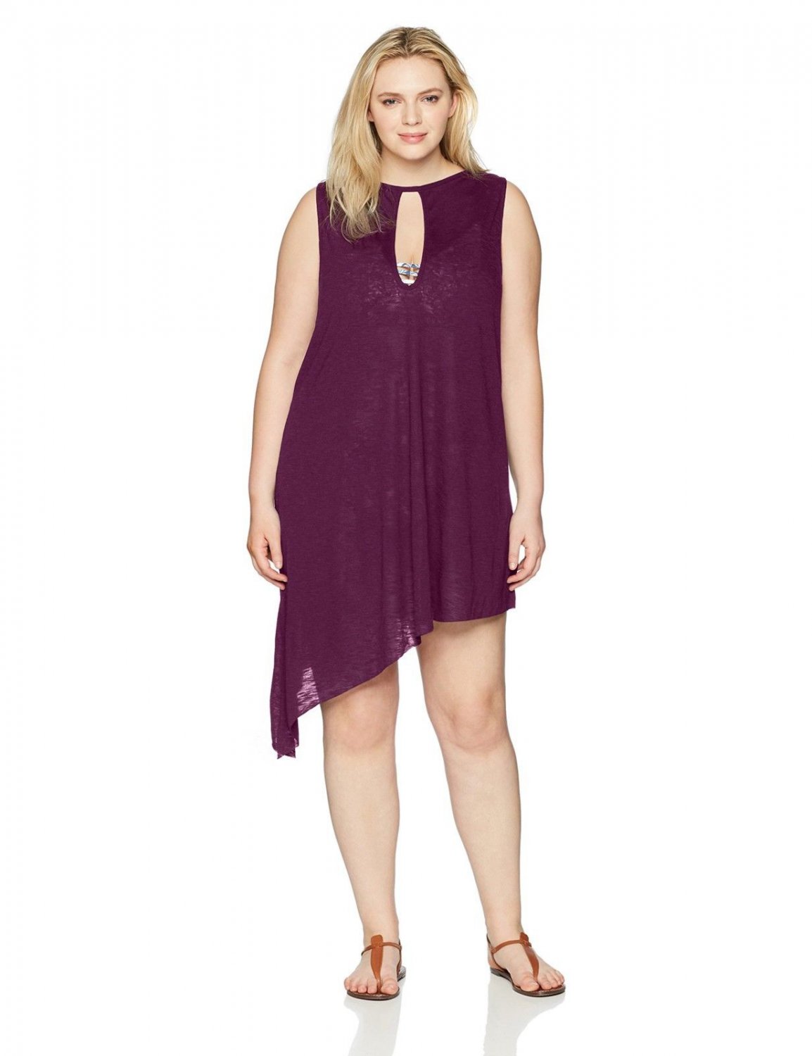 BECCA ETC Women's Plus Size Breezy Basics Keyhole Dress Cover up, RSN, 2X
