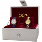 Women's Classic Watch Blue Leather Strap Swarovski Crystal Gold Bracelet 2 pcs