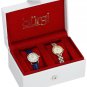 Women's Classic Watch Blue Leather Strap Swarovski Crystal Gold Bracelet 2 pcs