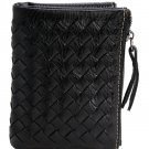 ETIAL Womens Leather Woven Small Bifold Zip Coin Purse Wallet Black