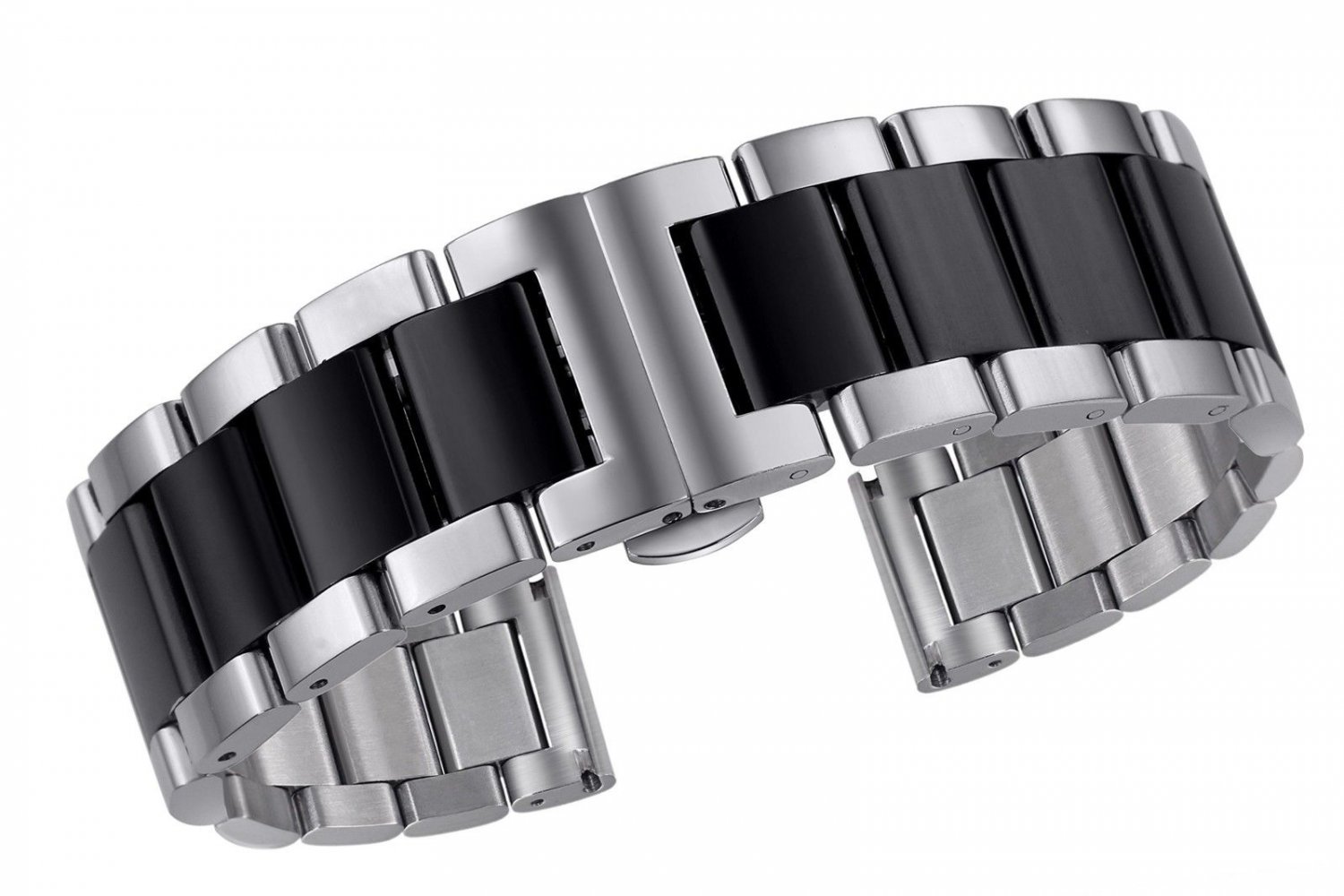 24mm Stainless Steel Strap Replacement Dual Tone Silver and Black Folded Clasp A