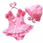 Baby Girls Swimwear Swimsuit Bikini Skirt with Hat 5-6Years Pink