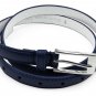 Womens Skinny Leather Belt with Silver Polished Square Belt Buckle - Solid Color