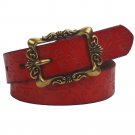 Women's Vintage Style Embossed Grain Leather Belt with Engraved Buckle For Jeans