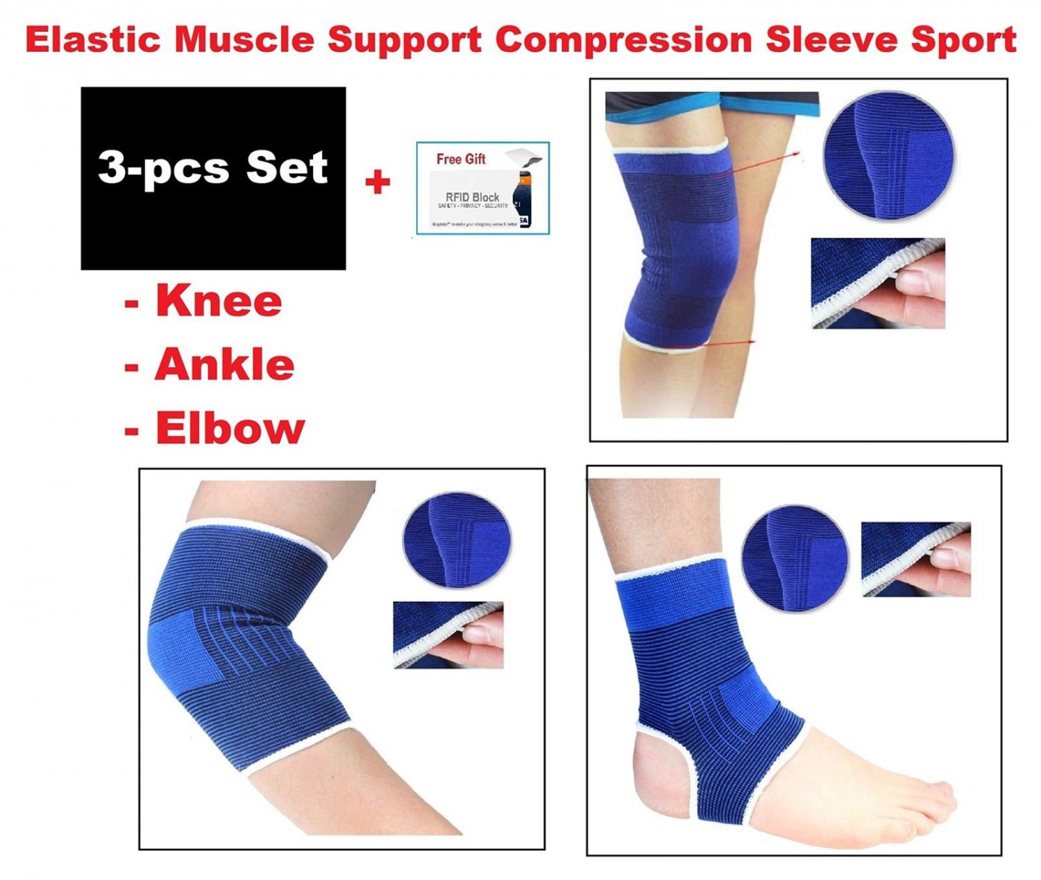 3pc Set: Knee Elbow Ankle Elastic Muscle Support Compression Sleeve Sport Pain R