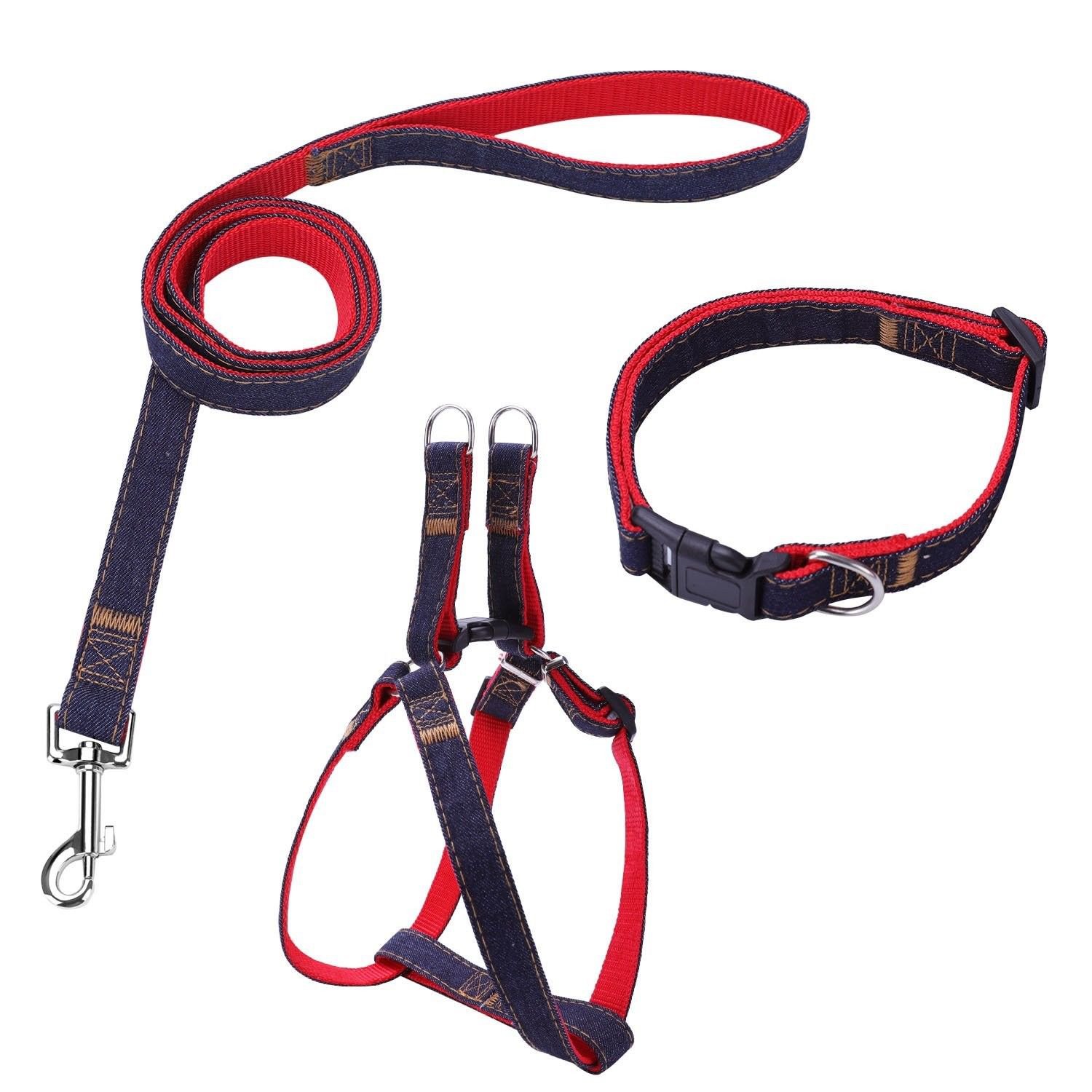 Bark Lover Pet Denim Dog Collar Leash Harness Traction Rope Leash for