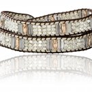 Brown Creme Cord Grey Glass Beads Double 2 Wrap Bead Bracelet, Choker or Boot