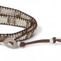 Brown Creme Cord Grey Glass Beads Double 2 Wrap Bead Bracelet, Choker or Boot
