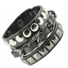 Wide Black PU Leather Metal Chain Layer Bracelet, Punk Bracelet by Mandala Craft