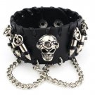 Skull Chain Leather Bangle Bracelet Men Adjustable Punk Gothic Handmade Leather