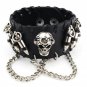 Skull Chain Leather Bangle Bracelet Men Adjustable Punk Gothic Handmade Leather