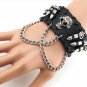 Skull Chain Leather Bangle Bracelet Men Adjustable Punk Gothic Handmade Leather