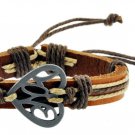 Adjustable Cotton Cord Metal Love Heart PU Leather Wristband Bracelet (Brown)