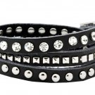Stackable Rhinestone and Alloy Studs Black PU Leather Wrap Bracelet (Black)