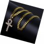 14K Gold Plated CZ Lab Cross Egyptian Pendant 24" Stainless Steel Necklace