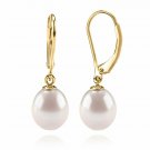 14K Yellow Gold Plated Shell Pearl Leverback Huggie Drop Earring AAA+ Quality