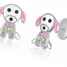 Kids Earrings - 925 Sterling Silver  White Gold Tone Pink Enamel and Crystal Dog
