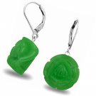 Rose Flower Green Jade Drop Leverback Earrings 925 Sterling Silver