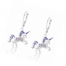 Kids Earrings - White Gold Enamel Unicorn Crystal with Silver Leverbacks
