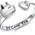 YinShan Cat And Heart Rings S925 Sterling Silver Adjustable Animal Rings I Love