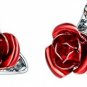 U7 Platinum Plated Red Rose Flower Stud Earrings