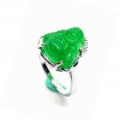 Womens Titanium Steel Carved Green Jade Buddha Ring