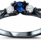 925 Sterling Silver Black Tone Rhodium Plated Ring, Round Simulated Blue With
