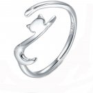 Girls Cute Kitty Sticky Cat  with Long Tail 925 Sterling Silver Open Mouth Ring