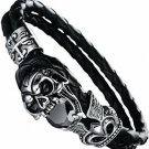 LZD Men's Unisex Stainless Steel Black Genuine Leather Skull Gothic Bracelet G82