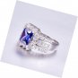 Emerald Cut Created Blue Sapphire & CZ 925 Sterling Silver Eternity Halo Ring