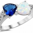 Heart Simulated Sapphire And Lab Created White Opal .925 Sterling Silver Ring 6
