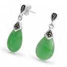 Green Jade Marcasite  Teardrop Dangle Stud Earrings 925 Sterling Silver