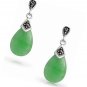 Green Jade Marcasite Teardrop Dangle Stud Earrings 925 Sterling Silver