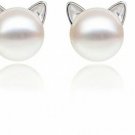 S.Leaf Cat Stud Earrings Freshwater Cultured Pearl Stud Earrings Sterling Ear