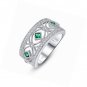 Ring 925 Sterling Silver 3-Stone Created Emerald Quartz Princess Cut CZ Band