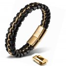 Genuine Leather Bracelet  Men Black  Polished Magnetic Stainless Steel Closure
