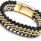 Mens Bracelet Black Genuine Braided Leather Bracelets With Stainless Steel And