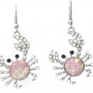 Crab Iridescent Foil Rhinestone Silver Tone Dangle Earrings (Pink)