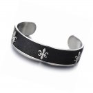 Mens Stainless Steel Cuff Bangle Bracelet with Black Leather Fleur de Lis