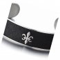 Mens Stainless Steel Cuff Bangle Bracelet with Black Leather Fleur de Lis