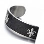 Mens Stainless Steel Cuff Bangle Bracelet with Black Leather Fleur de Lis
