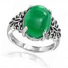 Sterling Silver Simulated Green Jade Oxidized Bali Inspired Filigree Oval Ring