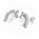 925 Sterling Silver Unicorn Earrings CZ Push Back Safety Stud for Girls