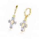 18K Gold Plated Shining Cubic Zirconia Cross Charm Long Hoop Drop Earrings