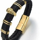 COOLSTEELANDBEYOND Mens Steel Gold Skull Black Leather Bracelet Genuine Leather